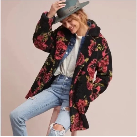 If By Sea Jackets & Blazers - Anthropologie oversized Sherpa floral shacket size M warm boho feminine coat